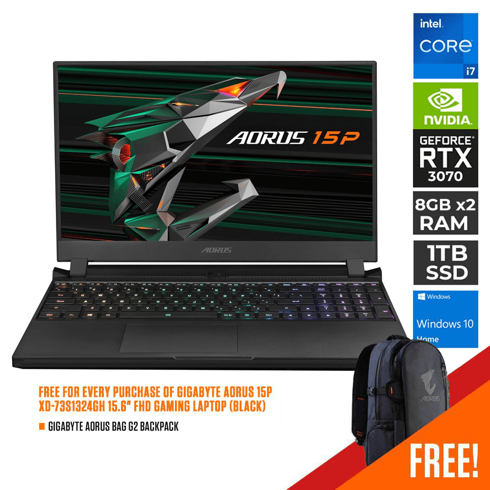 GIGABYTE AORUS 15P XD-73S1324GH GAMING LAPTOP (BLACK) | 15.6" FHD | i7-11800H | 16GB DDR4 | 1TB SSD | RTX 3070 | WIN10 + GIGABYTE AORUS G2 BACKPACK (BLACK) - DataBlitz