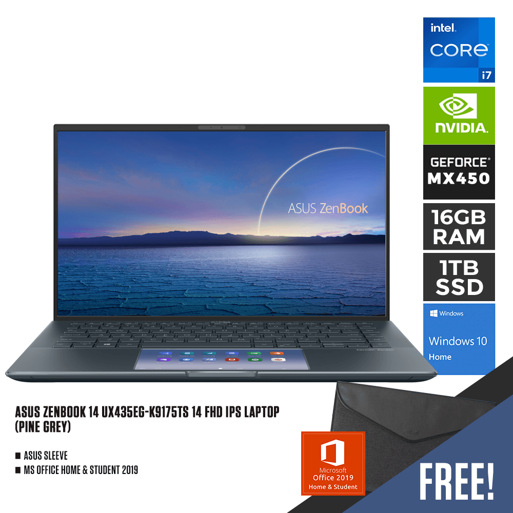 ASUS ZENBOOK 14 UX435EG-K9175TS Laptop (Pine Gray) | 14" FHD | i7-1165G7 | 16GB DDR4 | 1TB SSD | MX450 | WIN10 Office Home and Student ASUS SLeeve - DataBlitz
