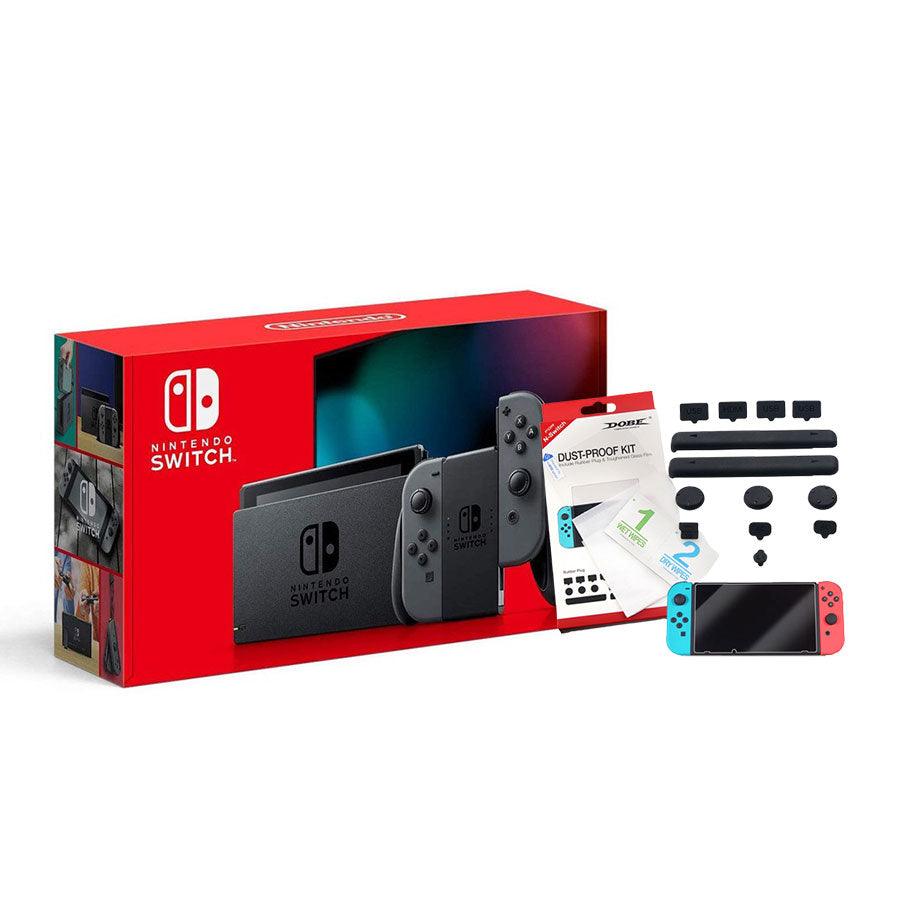 Nintendo Switch Console With Grey Joycon + NSW Dobe Dust-Proof Kit Include Rubber Plug & Toughened Glass Film (TNS-862) Bundle - DataBlitz