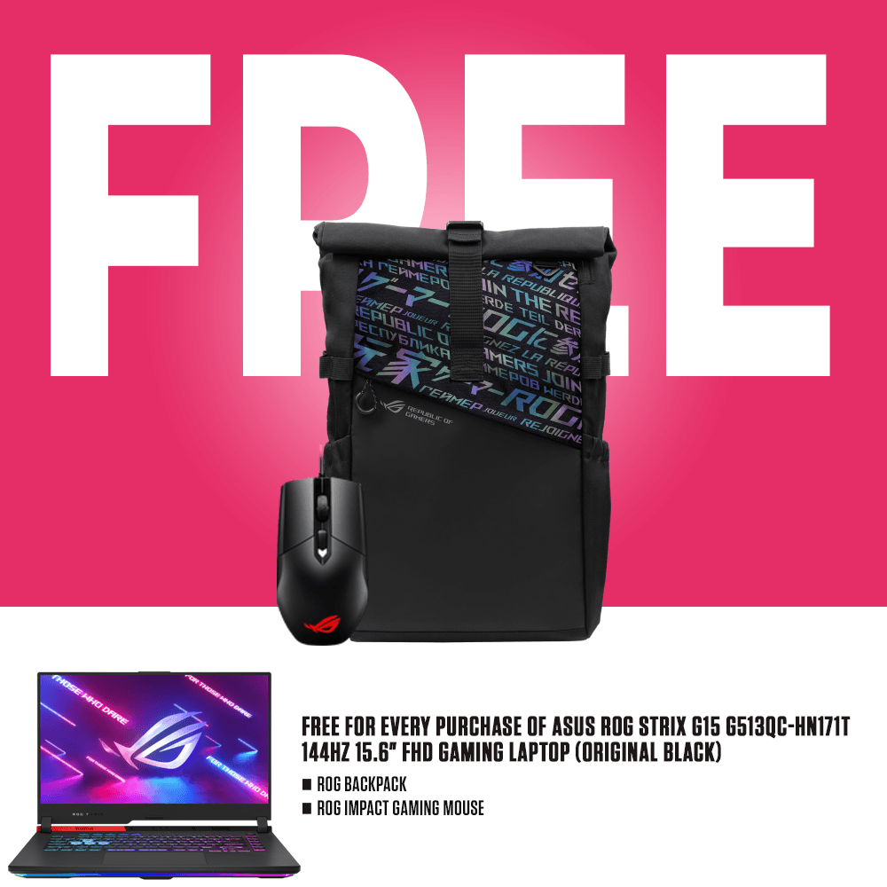 ASUS ROG STRIX G15 G513QC-HN171T 144HZ Gaming Laptop (Original Black) | 15.6" FHD | RYZEN 9 5900HX | 8GB DDR4 | 512GB SSD | RTX 3050 | WIN10 | ROG Backpack | ROG Impact Gaming Mouse - DataBlitz