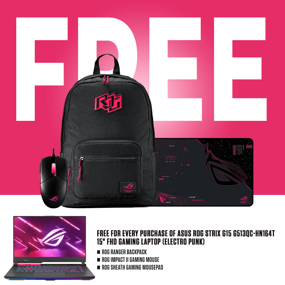 ASUS ROG STRIX G15 G513QC-HN164T GAMING LAPTOP (ELECTRO PUNK) | 15" FHD | Ryzen™ 9 5900HX | 8GB DDR4 | 512GB SSD | RTX 3050 | WIN10 + ROG RANGER BACKPACK + ROG IMPACT II GAMING MOUSE + ROG SHEATH GAMING MOUSEPAD - DataBlitz