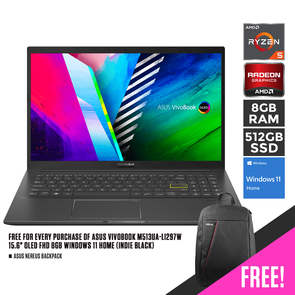 ASUS VIVOBOOK M513UA-L1297W | 15.6" OLED FHD | Ryzen™ 5 5500 | 8GB DDR4 | 512GB SSD | AMD RADEON | W11 HOME (INDIE BLACK) + ASUS NEREUS BACKPACK - DataBlitz