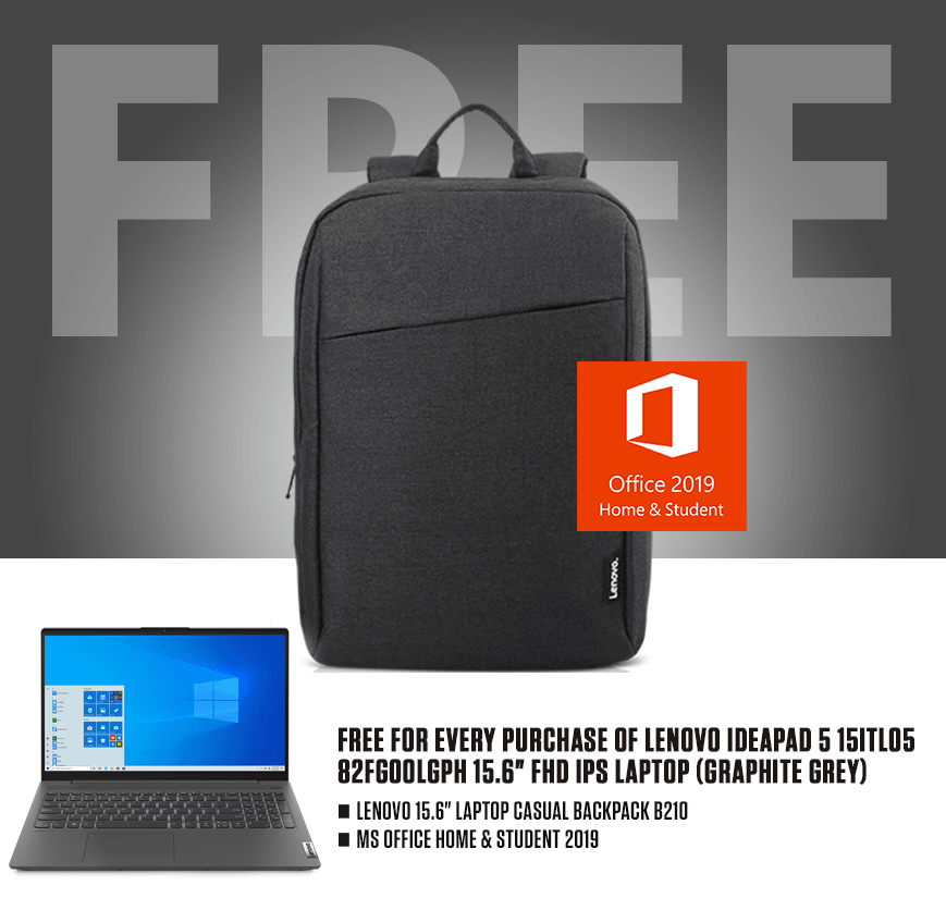 LENOVO IDEAPAD 5 15ITL05 82FG00LGPH LAPTOP (GRAPHITE GREY) | 15.6" FHD | i5-1135G7 | 16GB DDR4 | 512GB SSD | INTEL IRIS XE | WIN10 + MS OFFICE LAPTOP CASUAL BACKPACK B210 + LENOVO MONITOR D24-20 - DataBlitz