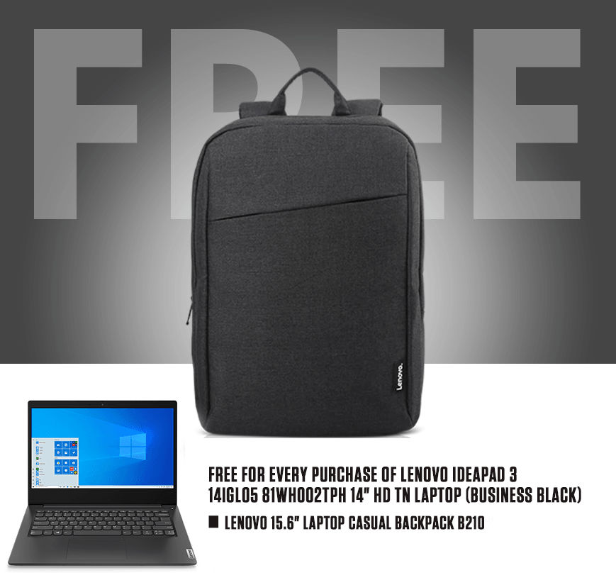 LENOVO IDEAPAD 3 14IGL05 81WH002TPH TN LAPTOP (BUSINESS BLACK)| 14" HD | INTEL PENTIUM SILVER N5030 | 4GB DDR4 | 512GB SSD | INTEL UHD | WIN10 + LENOVO LAPTOP CASUAL BACKPACK B210 - DataBlitz
