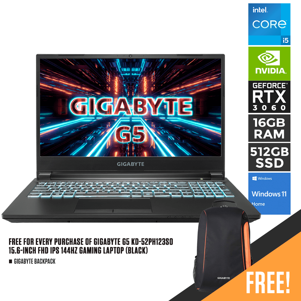 GIGABYTE G5 KD-52PH123SO 144HZ Gaming Laptop (Black) | 15.6" FHD | i5-11400H | 16GB 3200 | 512GB SSD | RTX 3060 | WIN11 | GIGABYTE Backpack - DataBlitz