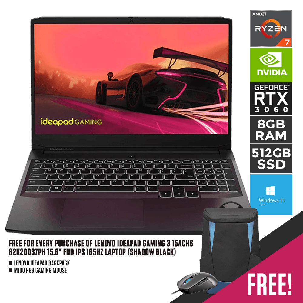 LENOVO IDEAPAD GAMING 3 15ACH6 82K20037PH 165HZ LAPTOP (SHADOW BLACK) | 15.6" FHD | RYZEN 7 5800H | 8GB DDR4 | 512GB SSD | RTX3060 | WIN11 + M100 RGB GAMING MOUSE + LENOVO IDEAPAD BACKPACK - DataBlitz