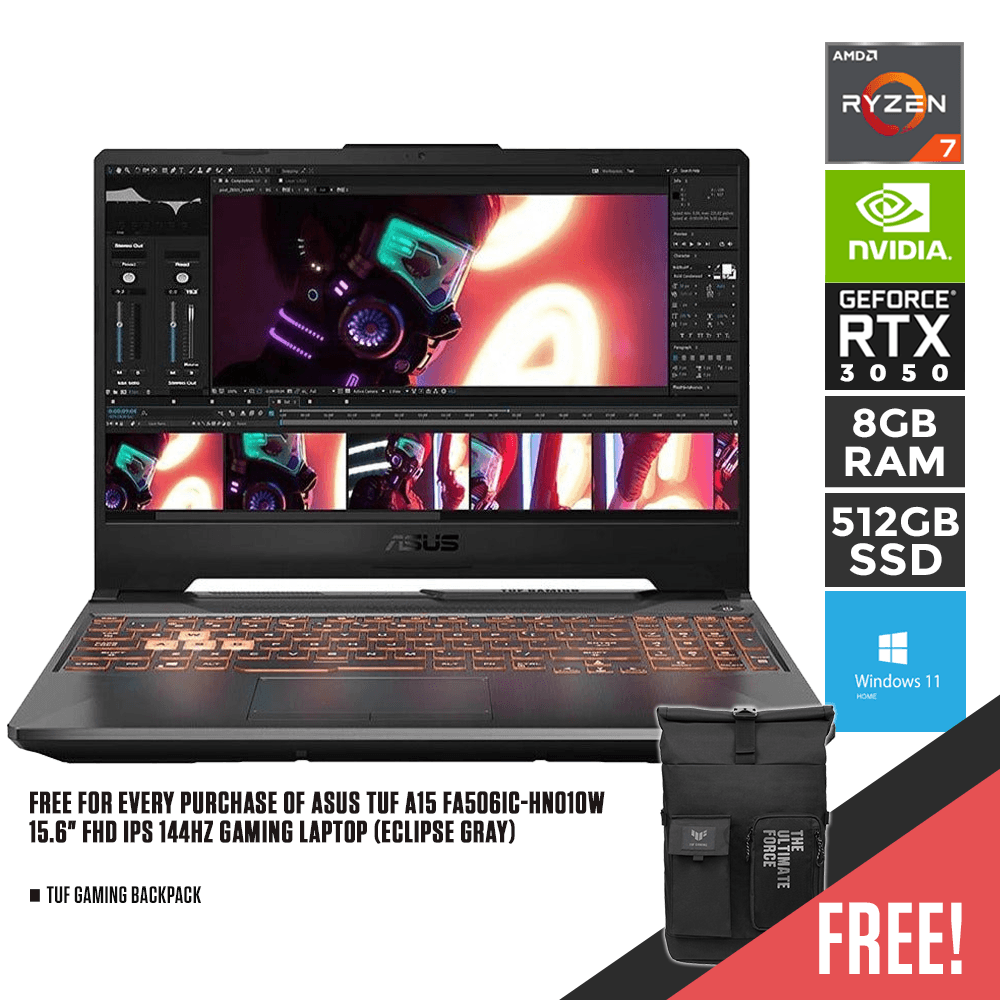 ASUS TUF A15 FA506IC-HN010W 144HZ GAMING LAPTOP (ECLIPSE GRAY) | 15.6" FHD | RYZEN 7 4800H | 8GB DDR4 | 512GB SSD | RTX 3050 | WIN10 + TUF STICKER + TUF GAMING BACKPACK - DataBlitz