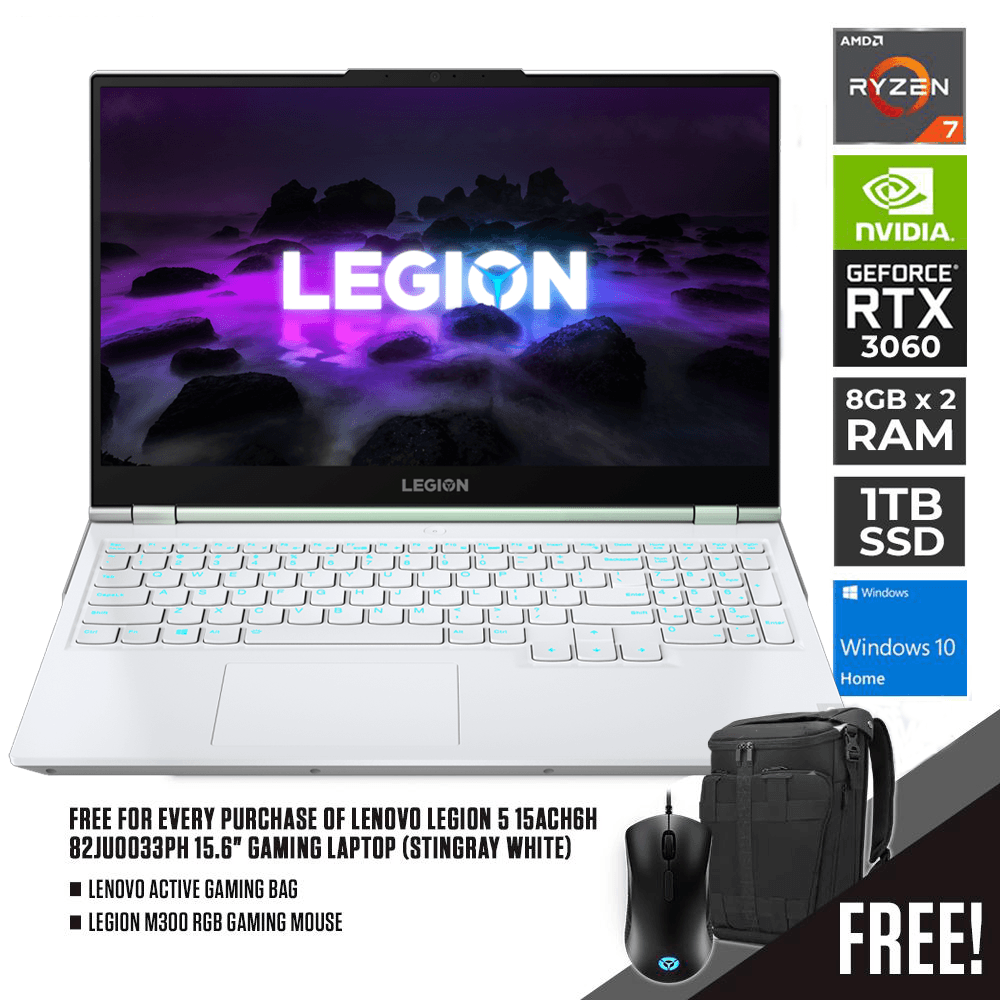 LENOVO LEGION 5 15ACH6H 82JU0033PH GAMING LAPTOP (STINGRAY WHITE) | 15.6" FHD | RYZEN 7 | 16GB DDR4 | 1TB SSD | RTX 3060 | WIN10 + LENOVO ACTIVE GAMING BAG + LEGION M300 RGB GAMING MOUSE - DataBlitz
