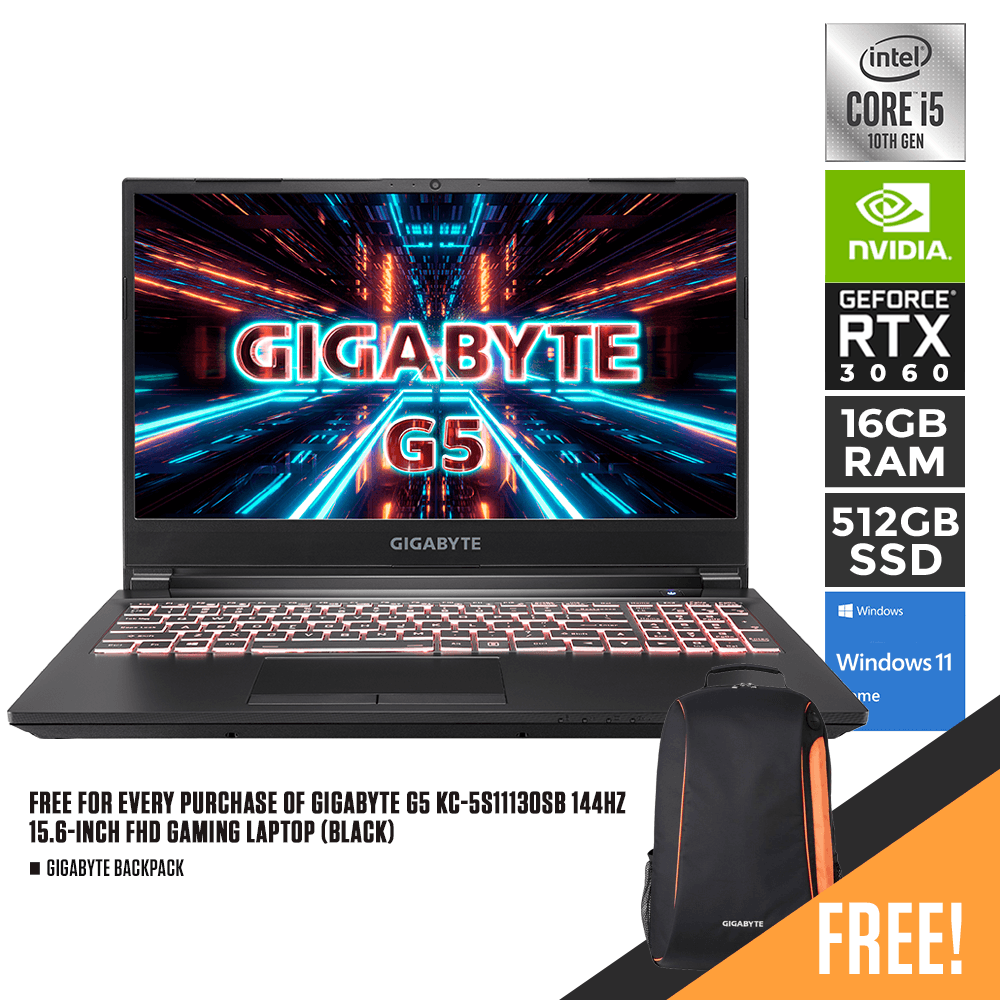 GIGABYTE G5 KC-5S11130SB Gaming Laptop (Black) | 15.6" FHD | i5-10500H | 16GB DDR4 | 512GB SSD | RTX 3060 | WIN11 | GIGABYTE Backpack - DataBlitz