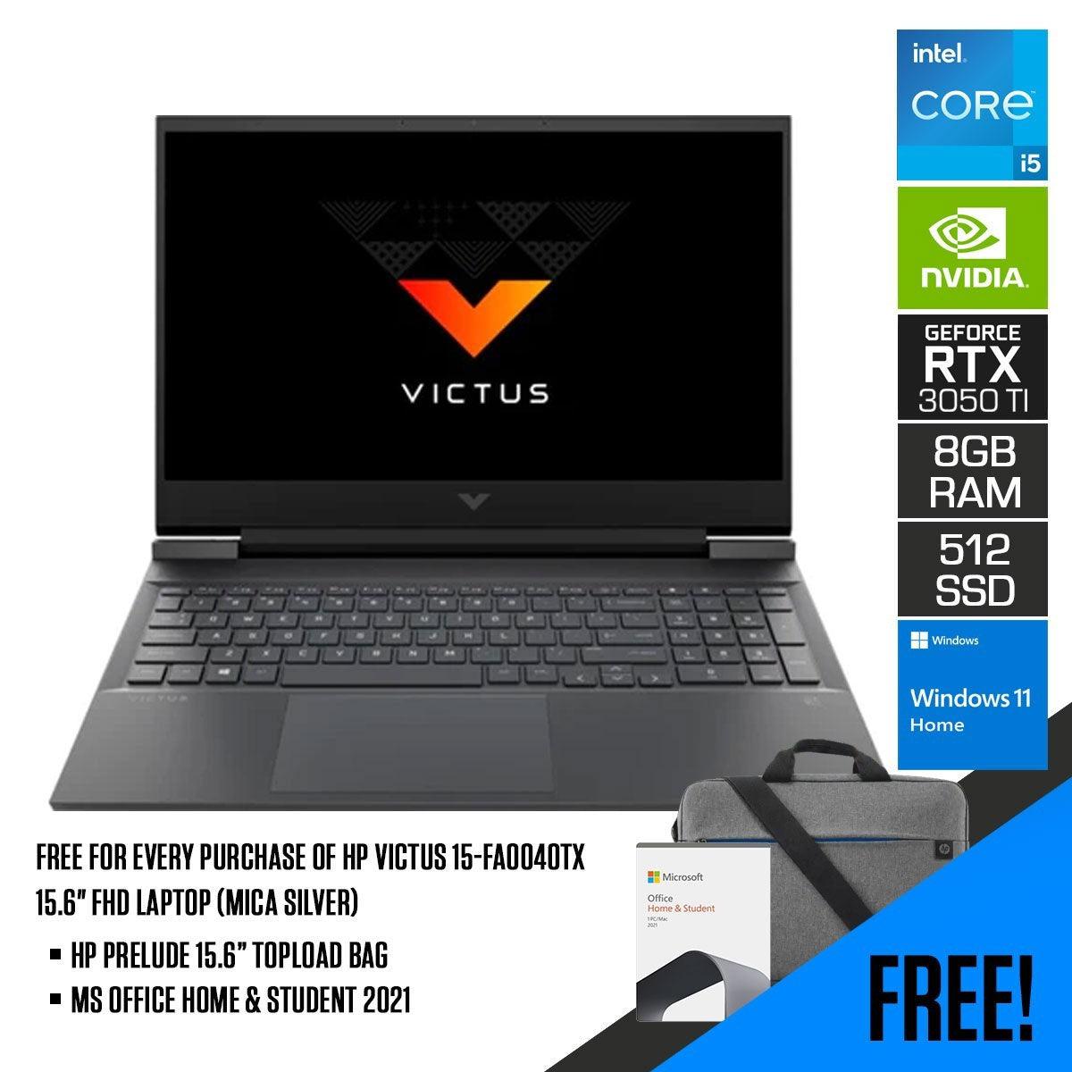 HP VICTUS 15-FA0040TX Laptop (Mica Silver) | 15.6” FHD | i5-12500H | 8 GB DDR4 | 512 GB SSD | RTX™ 3050 Ti | Windows 11 Home | MS Office Home & Student 2021 | HP Prelude 15.6” Topload Bag - DataBlitz