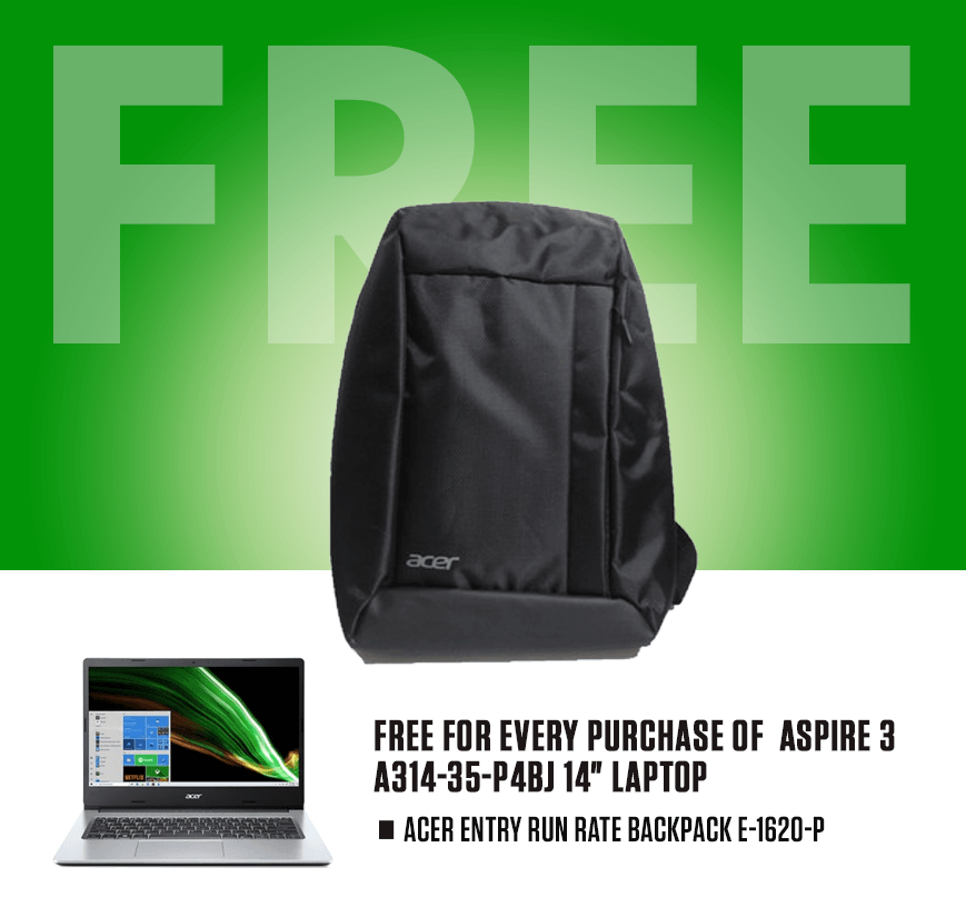 ACER ASPIRE 3 A314-35-P4BJ Laptop (Pure Silver) | 14" HD | Pentium Silver N6000 | 8GB LPDDR4 | 256GB SSD | INTEL UHD | WIN10 + ACER Entry Run Rate Backpack E-1620-P (LZBPKM6B12) - DataBlitz