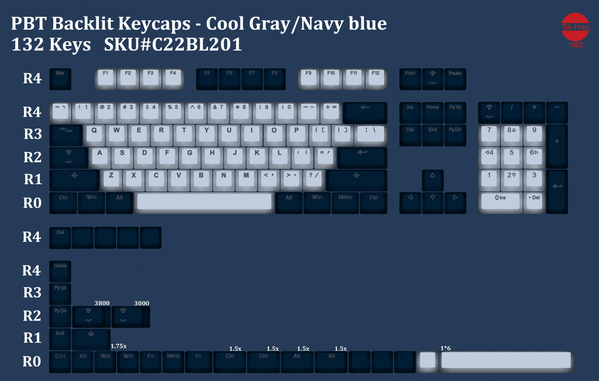 TAIHAO DOUBLE SHOT PBT BACKLIT KEYCAPS SET FOR CHERRY MX SWITCH (132-KEYS) (COOL GRAY/NAVY) (C22BL201) - DataBlitz