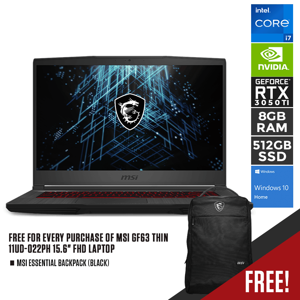 MSI GF63 THIN 11UD-022PH LAPTOP | 15.6" FHD | i7-11800H+HM570 | 8GB DDR4 | 512GB SSD | RTX 3050 TI | WIN10 + MSI ESSENTIAL BACKPACK (BLACK) - DataBlitz