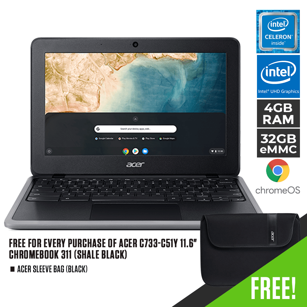 ACER C733-C51Y CHROMEBOOK 311 (SHALE BLACK) | 11.6" HD | INTEL CELERON | 4GB DDR4 | 32GB eMMC | CHROME OS + ACER SLEEVE BAG (BLACK) - DataBlitz
