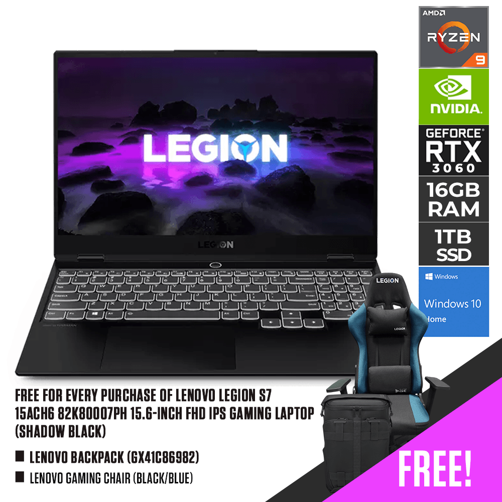 LENOVO LEGION S7 15ACH6 82K80007PH GAMING LAPTOP (SHADOW BLACK) | 15.6"FHD | RYZEN 9 | 16GB DDR4 | 1TB SSD | RTX 3060 | WIN10 + LENOVO BACKPACK (GX41C86982) + LENOVO GAMING CHAIR (BLACK/BLUE) - DataBlitz