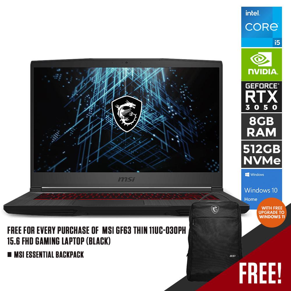 MSI GF63 THIN 11UC-030PH GAMING LAPTOP (BLACK) | 15.6" FHD | i5-11400H+HM570 | 8GB DDR4 | 512GB SSD | RTX 3050 | WIN10 + MSI ESSENTIAL BACKPACK (BLACK) - DataBlitz