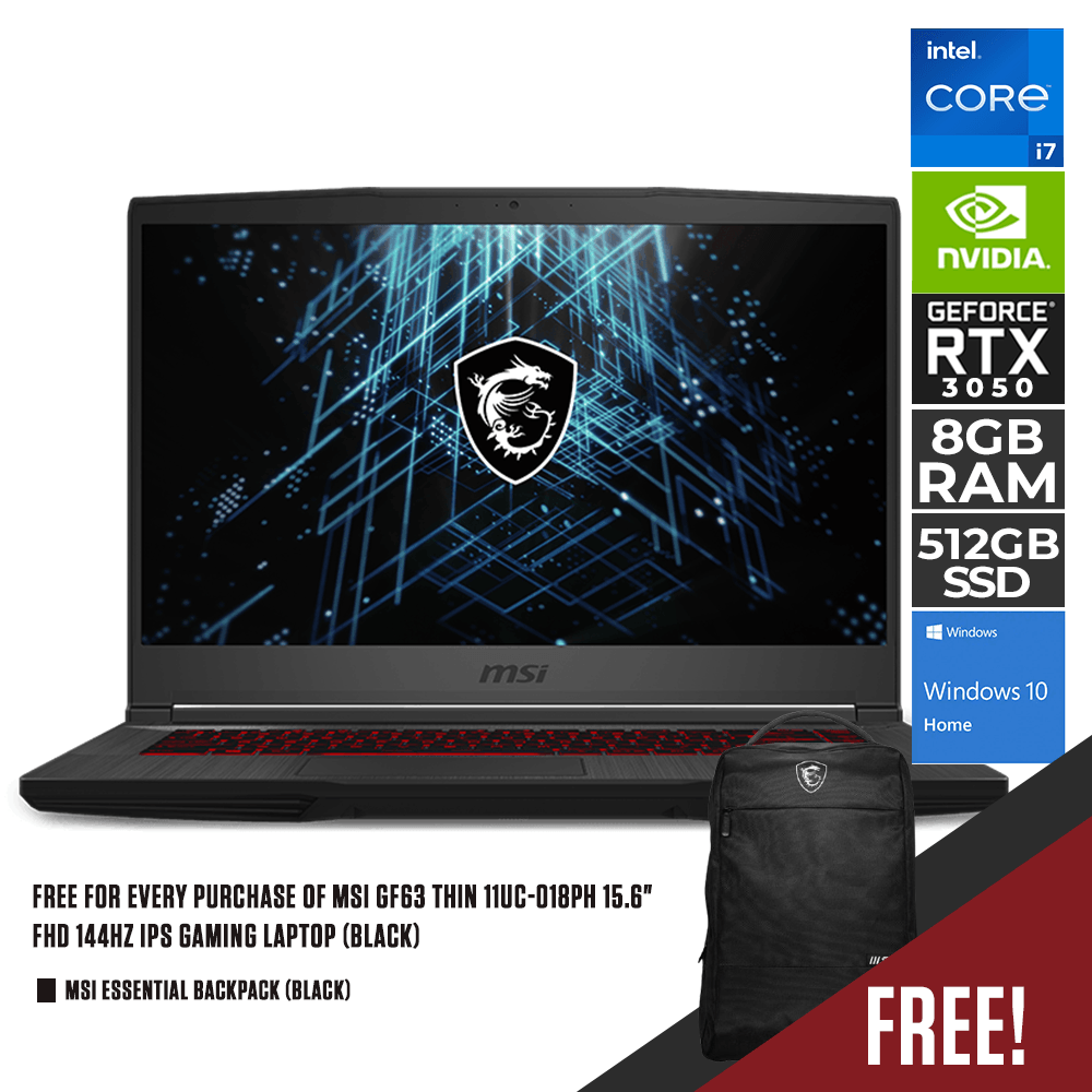 MSI GF63 THIN 11UC-018PH GAMING LAPTOP (BLACK) | 15.6" FHD | i7-11800H | DDR4 8GB | 512GB SSD | RTX 3050 | WIN10 W/ FREE MSI ESSENTIAL BACKPACK (BLACK) - DataBlitz