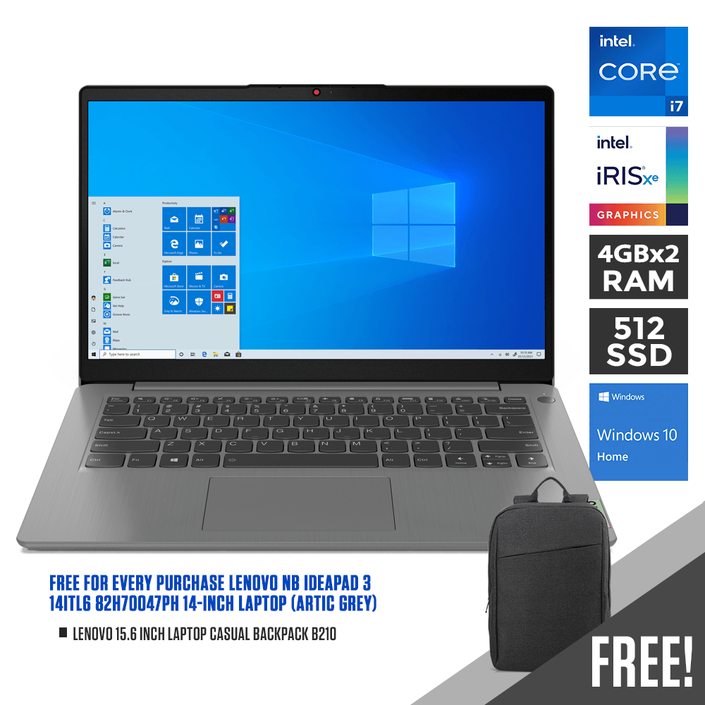 LENOVO NB IDEAPAD 3 14ITL6 82H70047PH LAPTOP (ARTIC GREY) | 14" FHD | i7-1165G7 | 8GB DDR4 | 512GB SSD | IRIS XE | WIN10 + LENOVOLAPTOP CASUAL BACKPACK B210 - DataBlitz