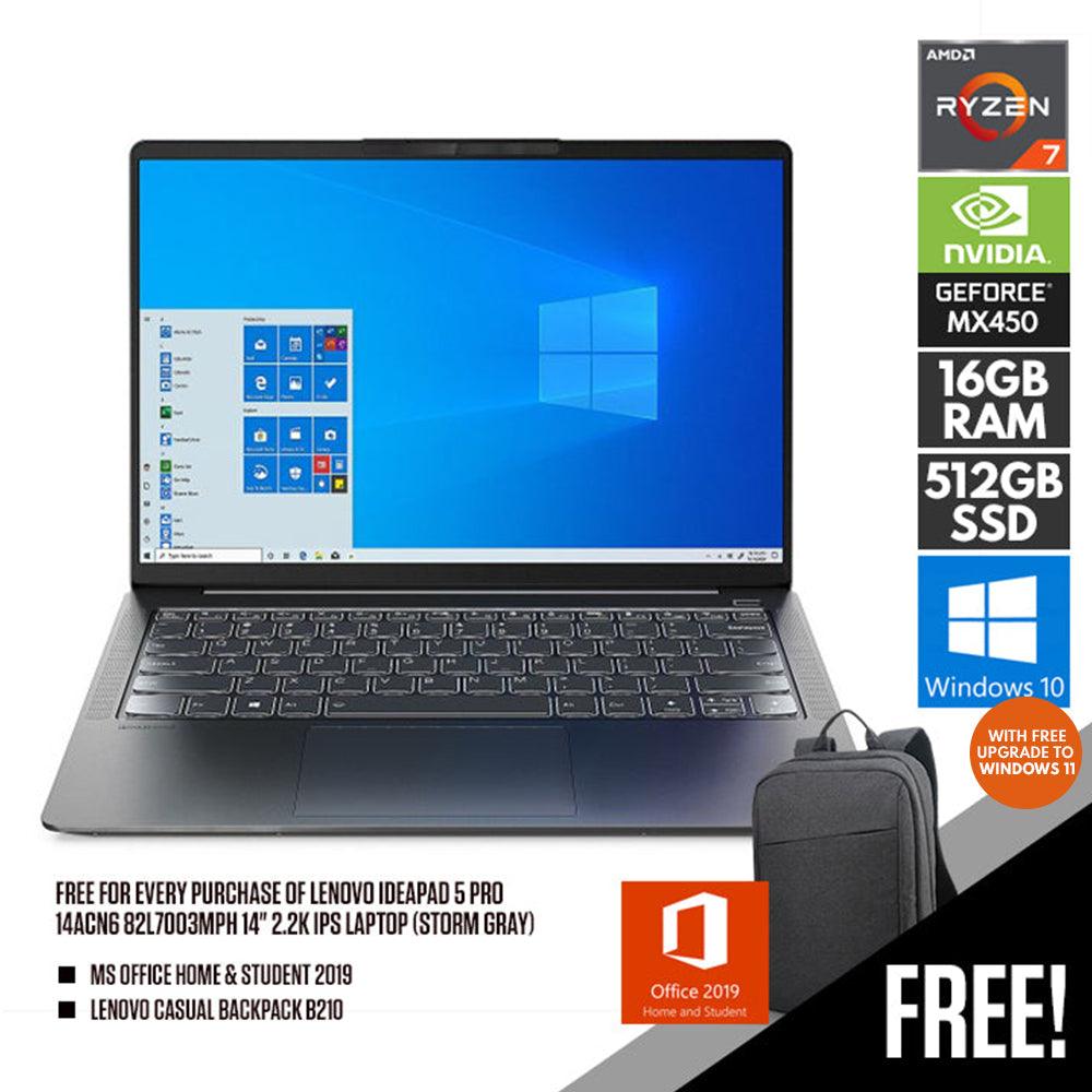 LENOVO IDEAPAD 5 PRO 14ACN6 82L7003MPH (STORM GREY) | 14" 2.2K | AMD Ryzen 7 5800U | 16GB | 512GB SSD |GeForce MX450 | WIN10 + MS OFFICE HOME & STUDENT LENOVO 15.6” CASUAL BACKPACK B210 - DataBlitz