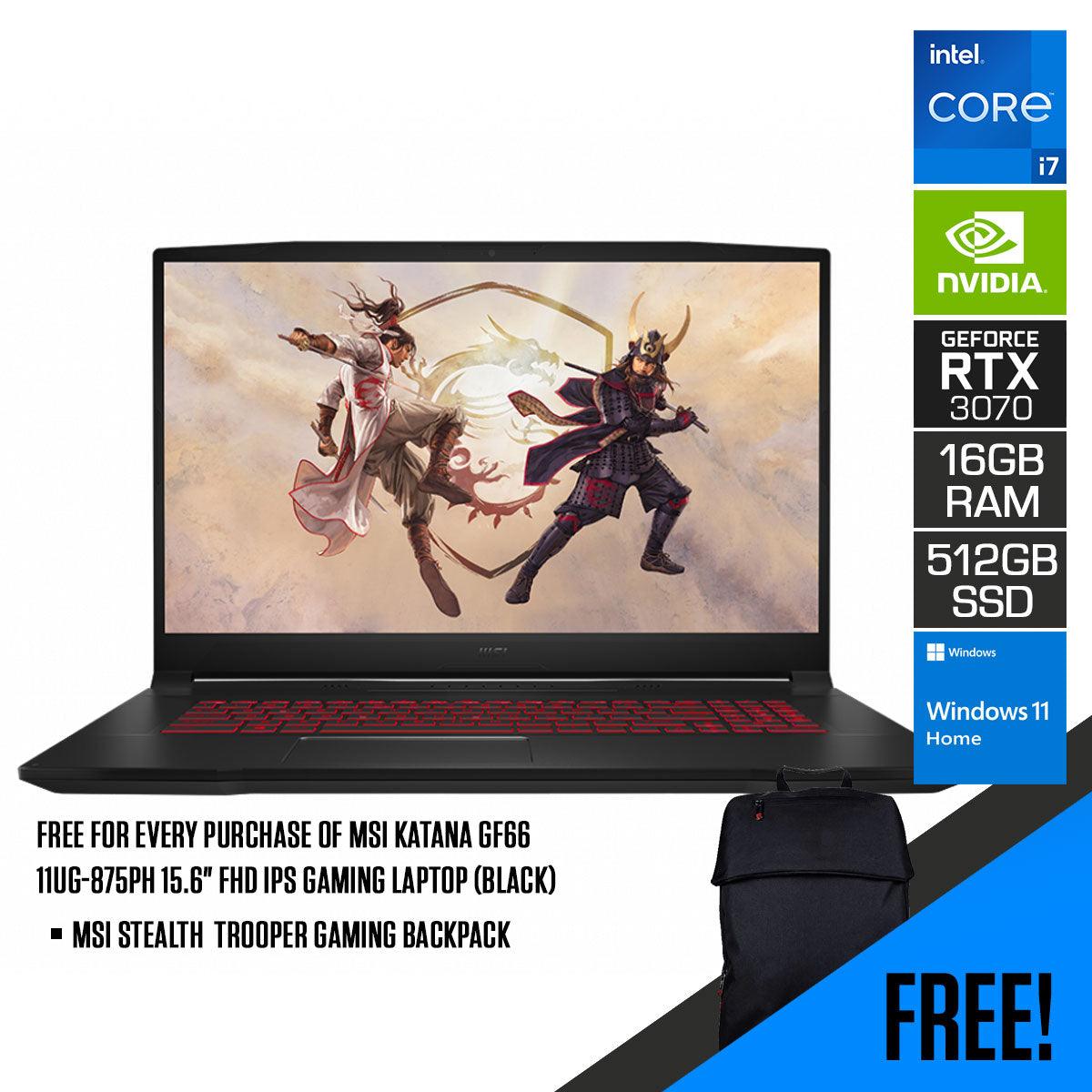 MSI Katana GF66 11UG-875PH 15.6” FHD IPS Gaming Laptop (Black) | 15.6” FHD | i7-11800H | 16 GB RAM | 512 GB SSD | RTX 3070 | Windows 11 Home | MSI Gaming Backpack - DataBlitz