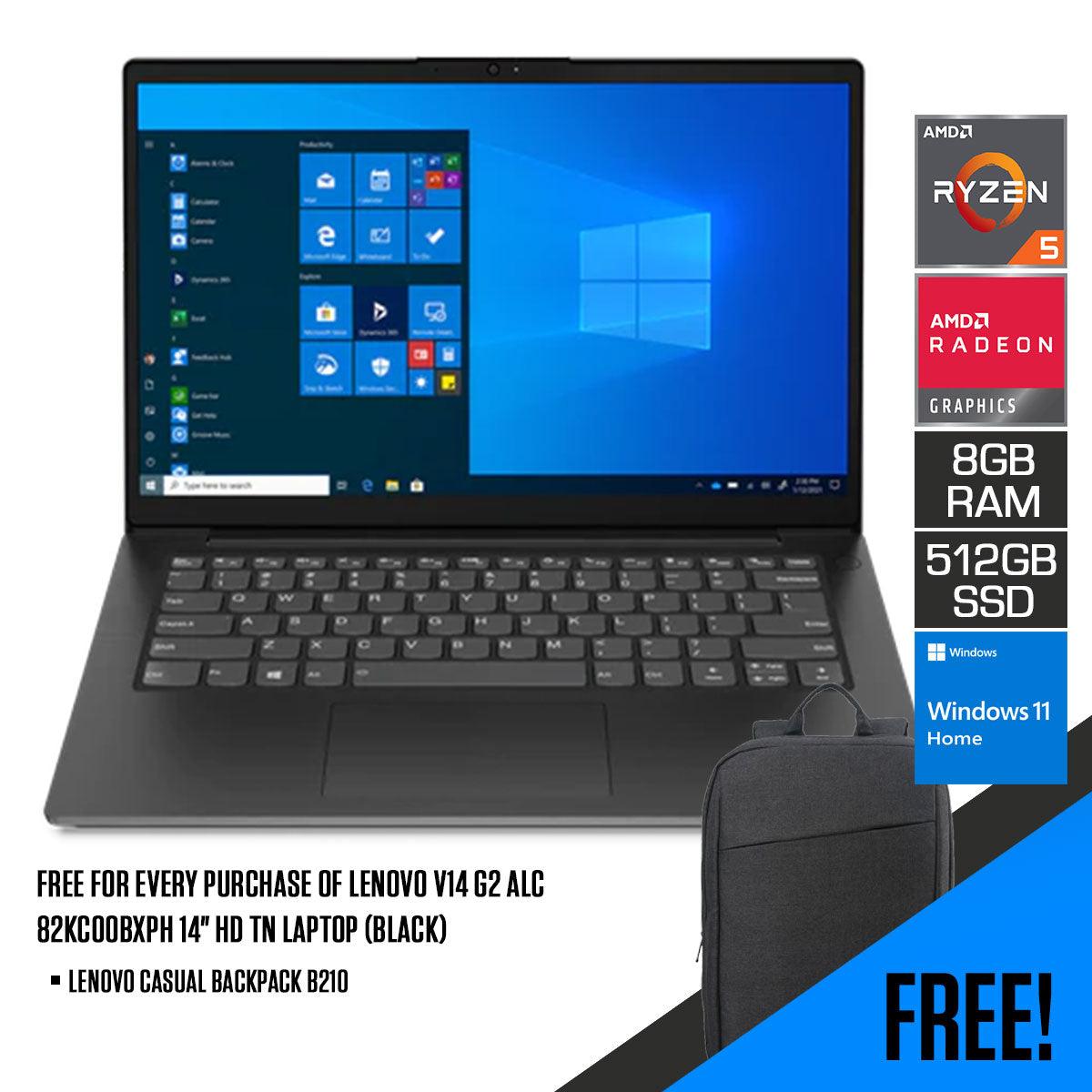 Lenovo V14 G2 ALC 82KC00BXPH TN Laptop (Black) | 14" HD | Ryzen 5 5500U | 8GB DDR4 | 512 GB SSD | Radeon Graphics | Windows 11 Home | Lenovo Casual Backpack B210 - DataBlitz