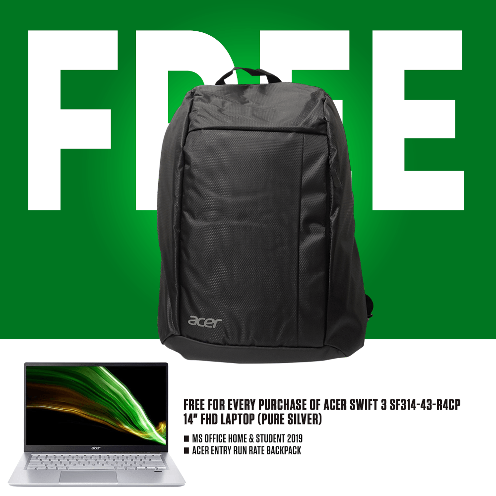 ACER Swift 3 SF314-43-R4CP Laptop (Pure Silver) | 14" FHD | Ryzen 5 5500U | 8GB DDR4 | 512 GB SSD | AMD RADEON | WIN10 MS Office Home & Studen with Free Acer Entry Run Rate Backpack - DataBlitz