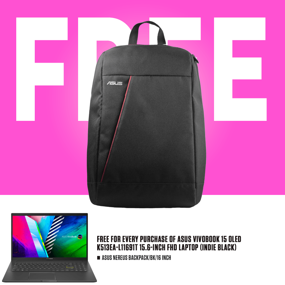 ASUS VIVOBOOK 15 OLED K513EA-L11691T LAPTOP (INDIE BLACK) | 15.6" FHD | i3-1115G4 | 4GB DDR4 | 512GB SSD | INTEL UHD | WIN10 + ASUS NEREUS BACKPACK (BLACK) - DataBlitz