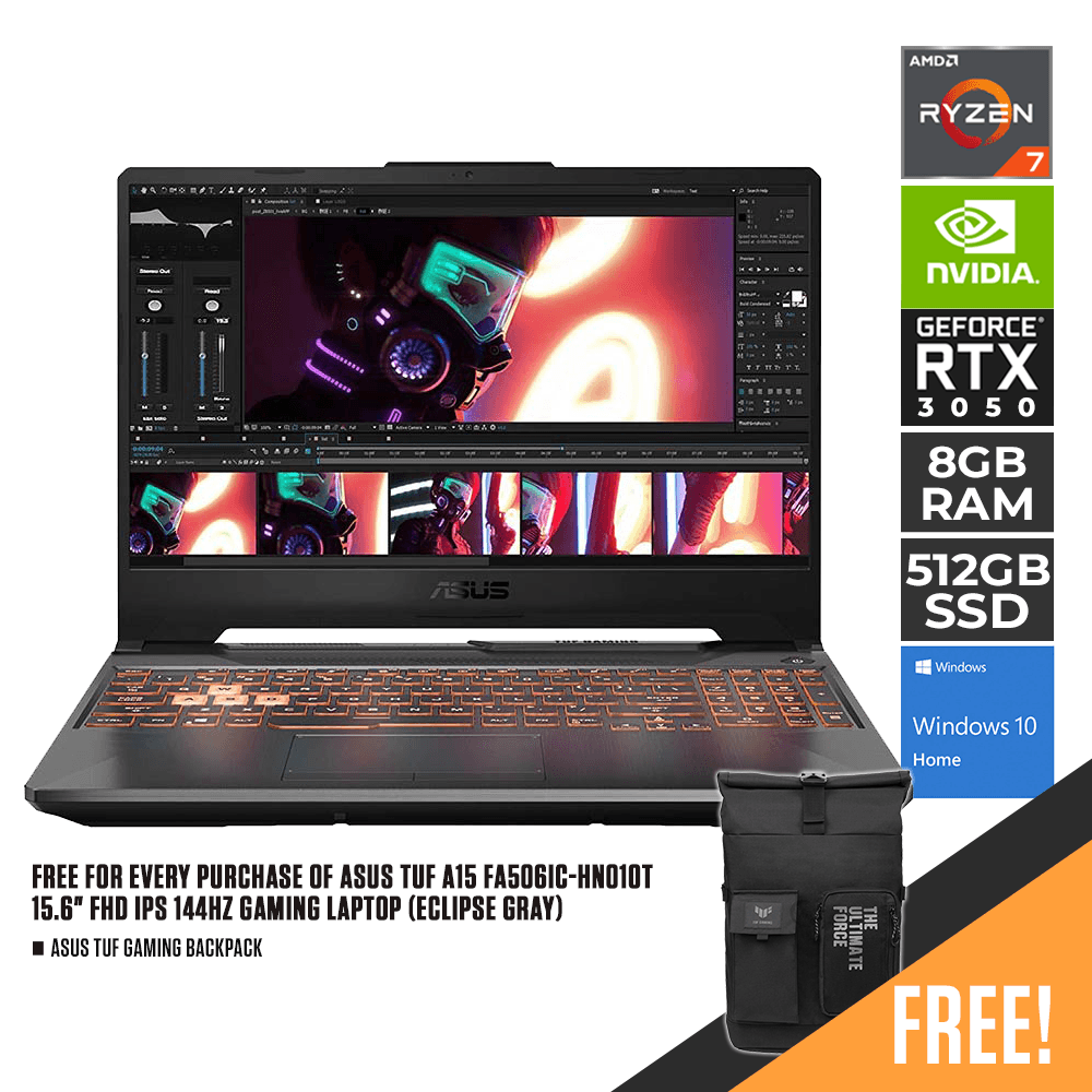 ASUS TUF A15 FA506IC-HN010T 144HZ GAMING LAPTOP (ECLIPSE GRAY) | 15.6" FHD | RYZEN 7 4800H | 8GB DDR4 | 512GB SSD | RTX 3050 | WIN10 + TUF GAMING BACKPACK - DataBlitz