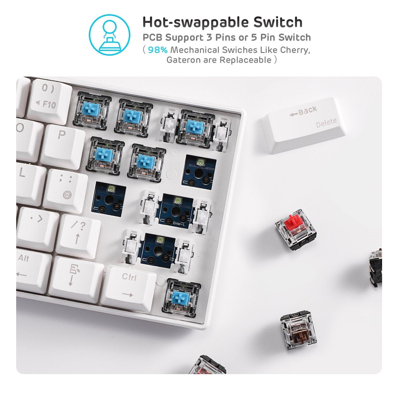 ROYAL KLUDGE RK61 TRI-MODE RGB 61 KEYS HOT SWAPPABLE MECHANICAL KEYBOARD WHITE (BLUE SWITCH) - DataBlitz
