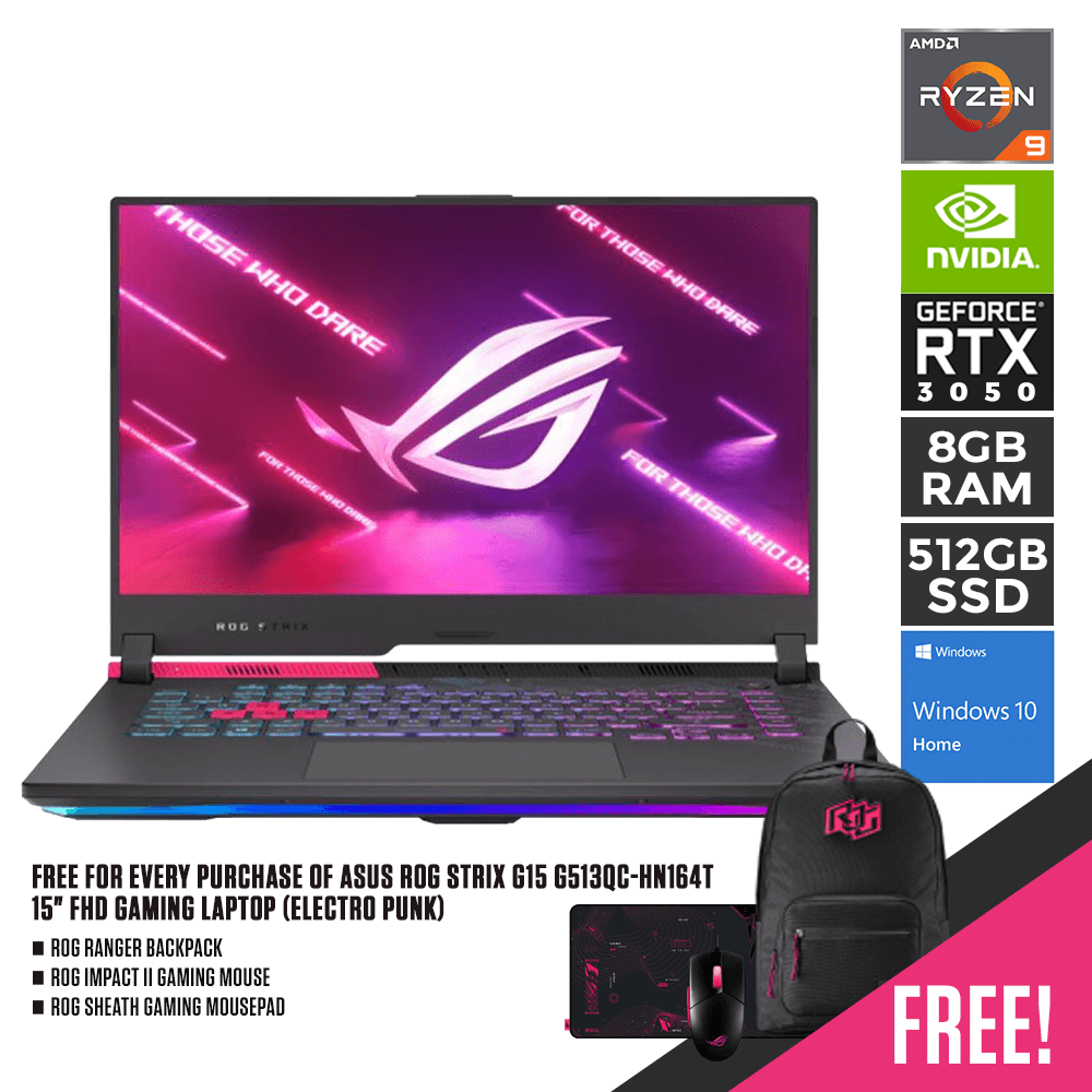 ASUS ROG STRIX G15 G513QC-HN164T GAMING LAPTOP (ELECTRO PUNK) | 15" FHD | Ryzen™ 9 5900HX | 8GB DDR4 | 512GB SSD | RTX 3050 | WIN10 + ROG RANGER BACKPACK + ROG IMPACT II GAMING MOUSE + ROG SHEATH GAMING MOUSEPAD - DataBlitz