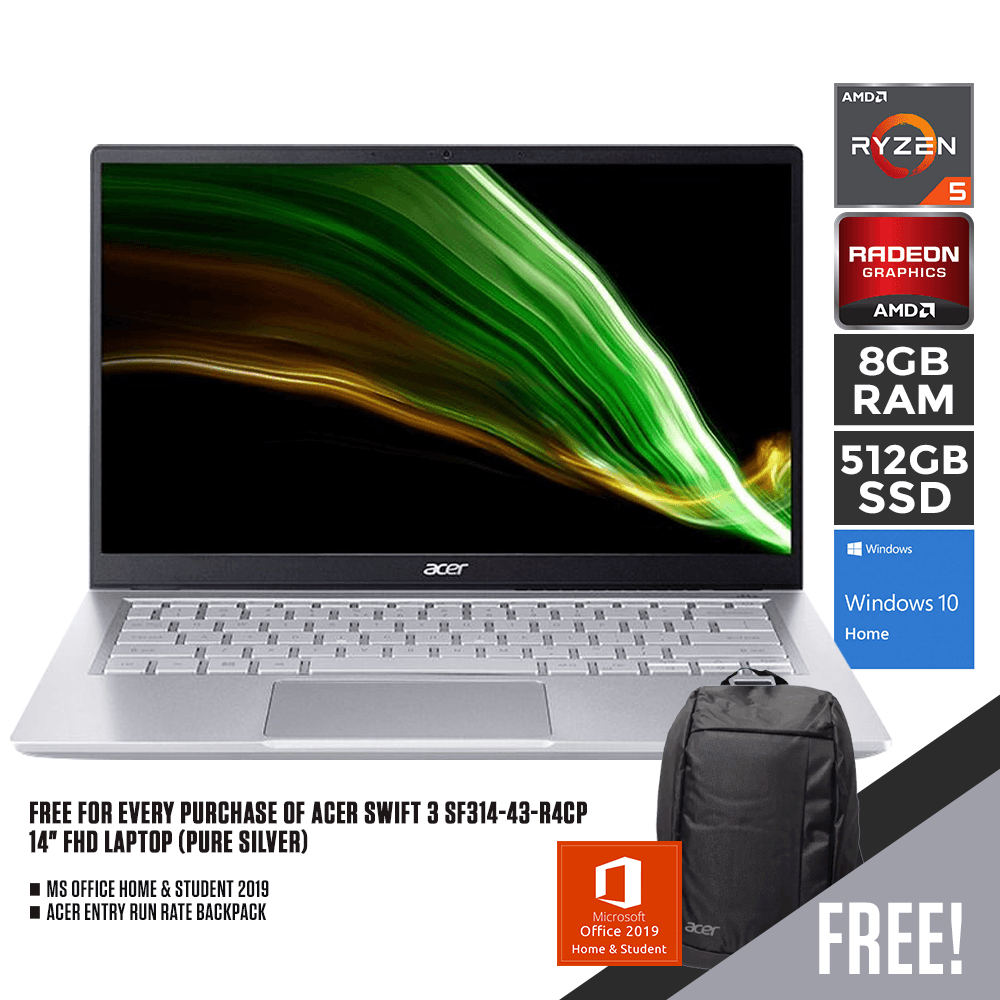 ACER Swift 3 SF314-43-R4CP Laptop (Pure Silver) | 14" FHD | Ryzen 5 5500U | 8GB DDR4 | 512 GB SSD | AMD RADEON | WIN10 MS Office Home & Studen with Free Acer Entry Run Rate Backpack - DataBlitz