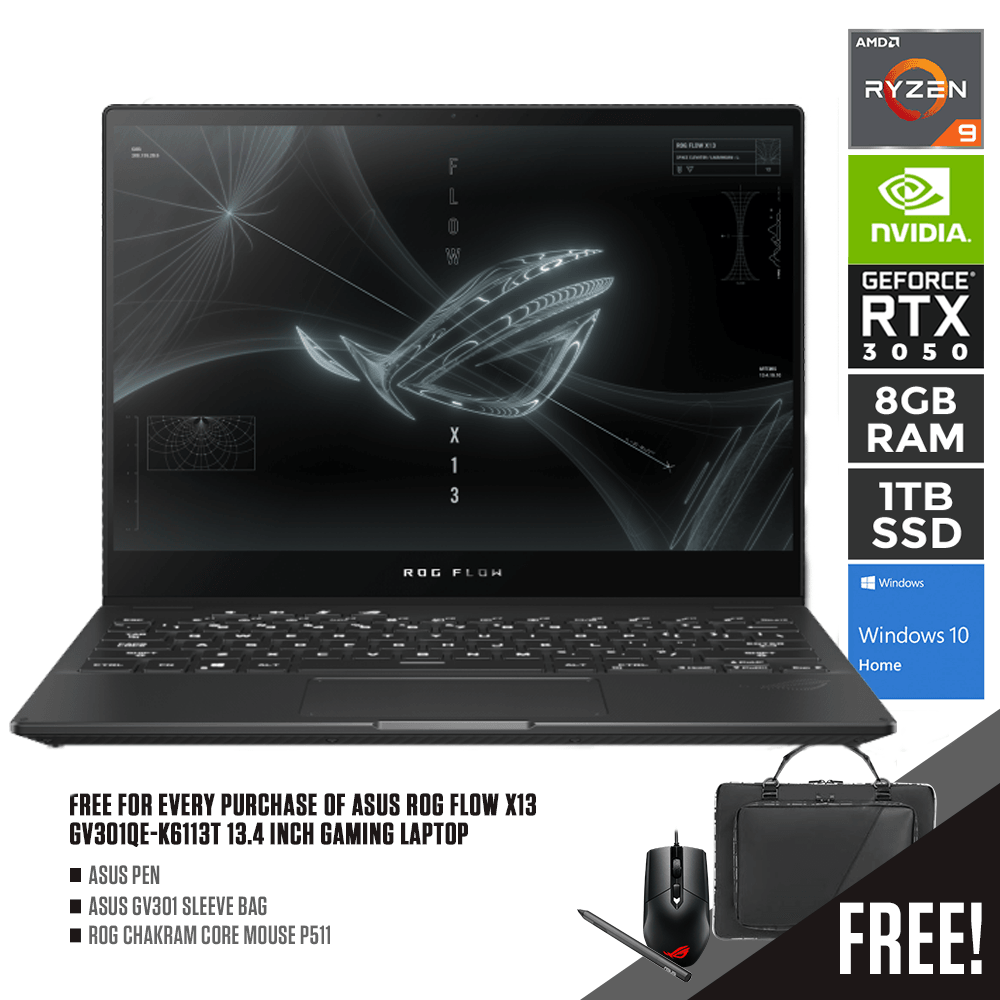 ASUS ROG FLOW X13 GV301QE-K6113T GAMING LAPTOP | 13.4" WUXGA | RYZEN™ 9 5900HS | 16GB DDR4 | 1TB SSD | RTX 3050 | WIN10 + ROG SLEEVE + ASUS PEN + ROG GAMING MOUSE - DataBlitz