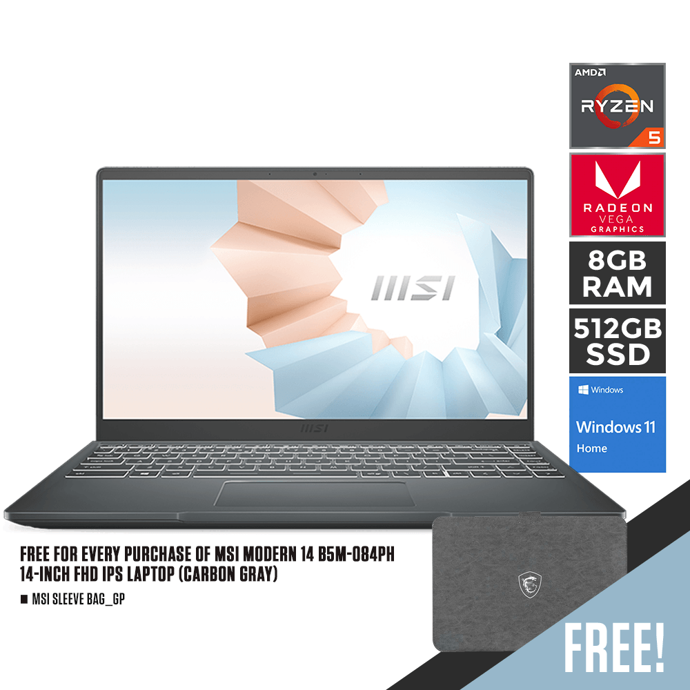 MSI MODERN 14 B5M-084PH LAPTOP (CARBON GRAY) | 14" FHD IPS | Ryzen 5 5500U | 8GB DDR4 | 512GB SSD | RADEON RX VEGA 7 | WIN11 + MSI SLEEVE BAG_GP - DataBlitz