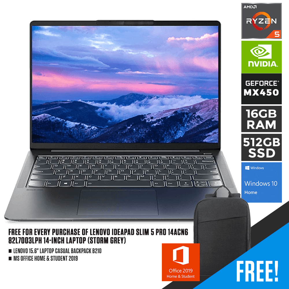 LENOVO IDEAPAD SLIM 5 PRO 14ACN6 82L7003LPH LAPTOP (STORM GREY) | 14" FHD | RYZEN 5 5600U | 16GB DDR4 | 512GB SSD | MX450 | WIN10 + LAPTOP CASUAL BACKPACK B210 + LENOVO MONITOR D24-20 - DataBlitz