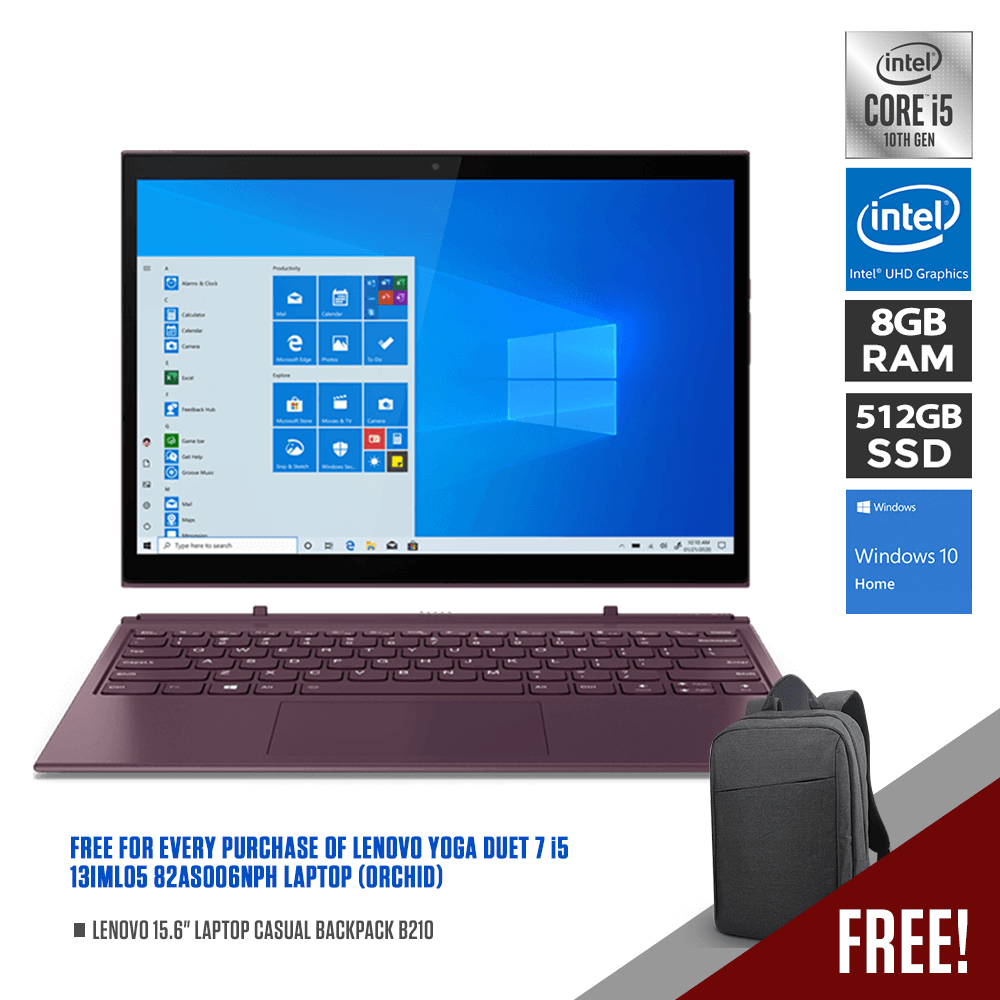 LENOVO YOGA DUET 7 I5 13IML05 82AS006NPH 13" LAPTOP (ORCHID) + LENOVO 15.6" LAPTOP CASUAL BACKPACK B210 - DataBlitz