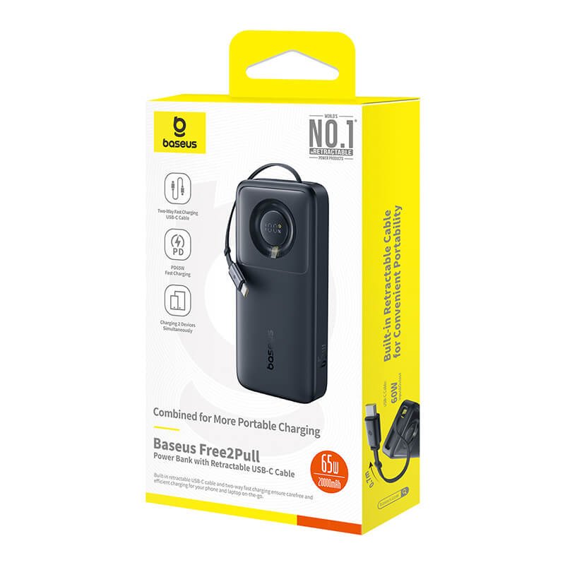 Baseus Free2Pull Power Bank 20000mAh 65W with Retractable USB-C Cable (Cluster Black, Lunar Grey)