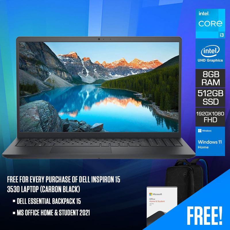 Dell Inspiron 15 3530 Laptop (Carbon Black) | 15.6" FHD (1920x1080) | i3-1305U | 8GB RAM | 512GB SSD | Intel UHD Graphics | Windows 11 Home | MS Office Home & Student 2021 | Dell Essential Backpack 15