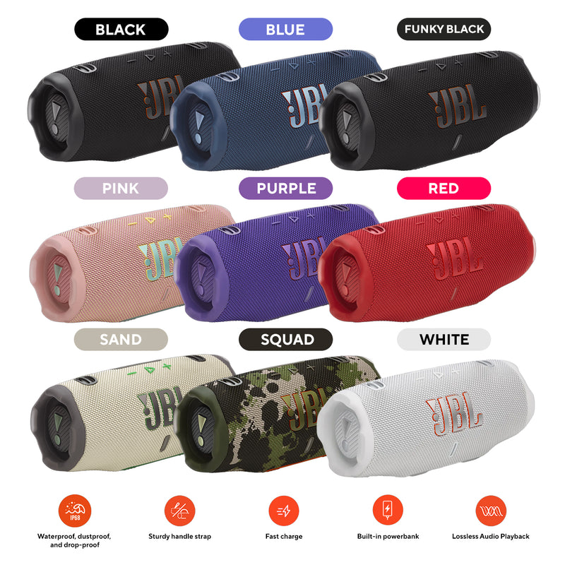 JBL Charge 6 Portable Waterproof & Drop-Proof Bluetooth Speaker (Purple, Red, Sand, Squad, White, Black, Blue, Funky Black, Pink)