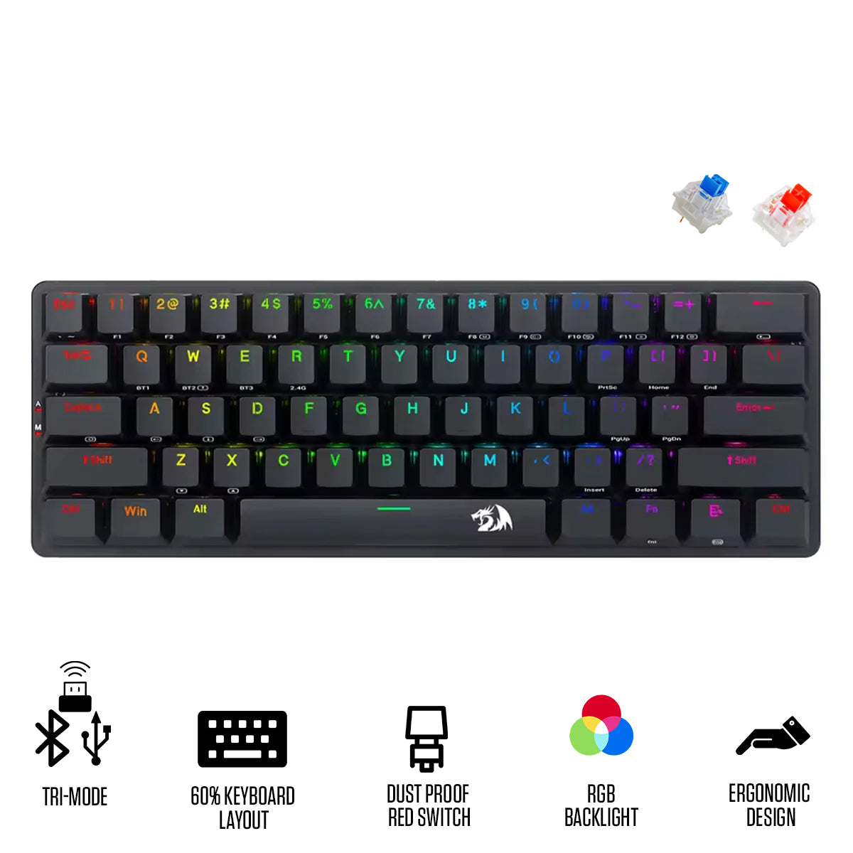 Redragon Elise Pro Tri-Mode RGB 60% Mechanical Gaming Keyboard (K615P-KBS)