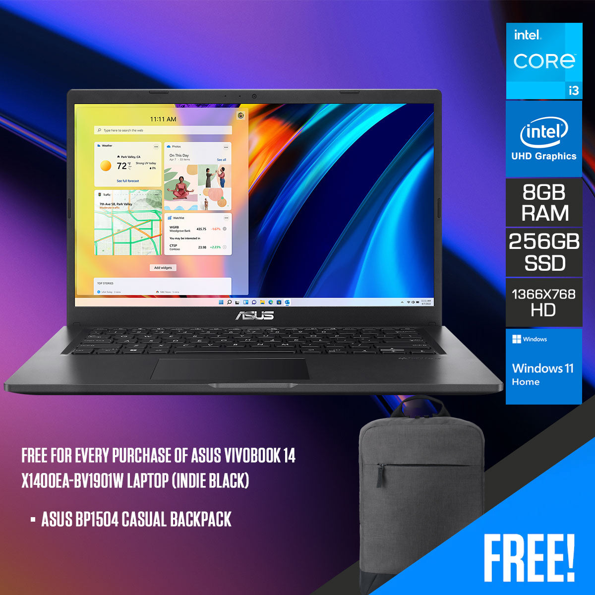 Asus Vivobook 14 X1400EA-BV1901W Laptop (Indie Black) | 14” (1366 x 768) HD | i3-1115G4 | 8GB RAM | 256GB SSD | Intel UHD Graphics | Windows 11 Home | Asus BP1504 Casual Backpack