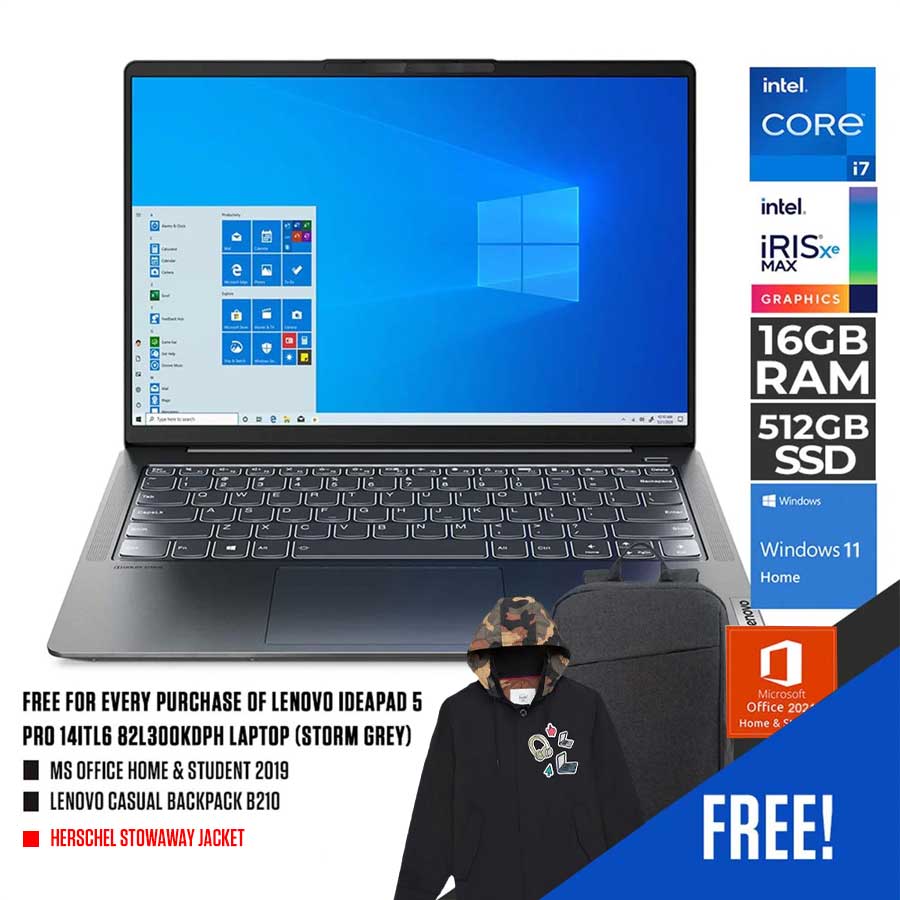 LENOVO IDEAPAD 5 PRO 14ITL6 82L300KDPH LAPTOP (STORM GREY) | 14” 2.8K | i7-1195G7 | 16GB DDR4 | 512GB SSD | IRIS XE | WIN11 + MS OFFICE HOME & STUDENT 2021 + LENOVO CASUAL BACKPACK B210