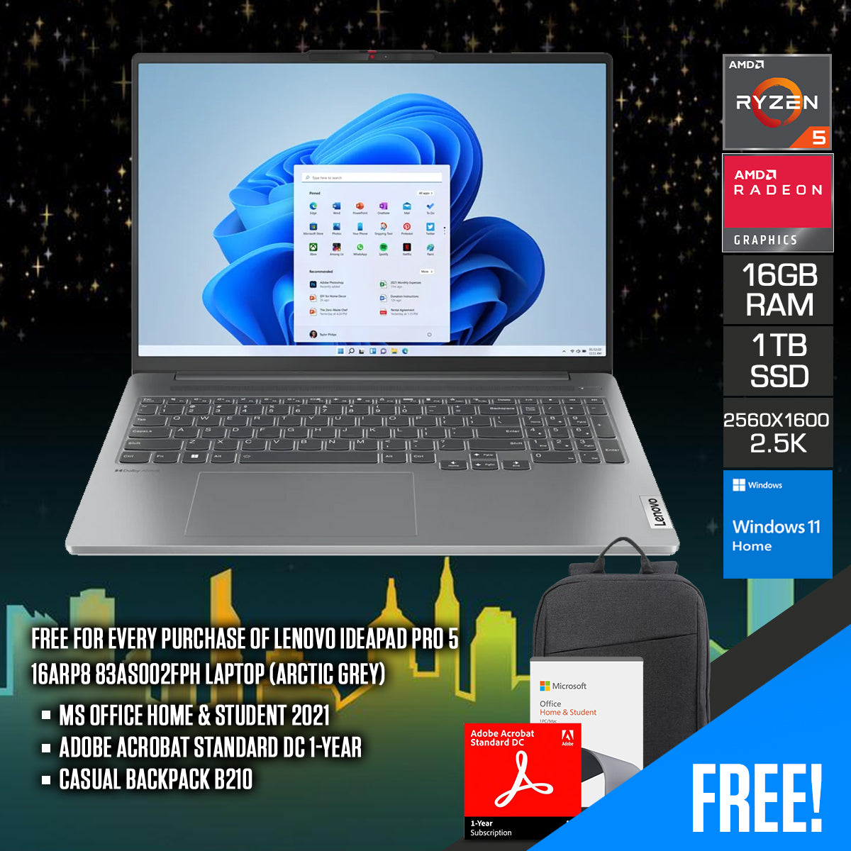 Lenovo Ideapad Pro 5 16ARP8 83AS002FPH Laptop (Arctic Grey) | 16" 2.5K (2560x1600) | Ryzen™ 5 7535HS | 16GB RAM | 1TB SSD | AMD Radeon™ 660M Graphics | Windows 11 Home | MS Office H&S 2021 | Adobe Acrobat Standard DC 1-Year | Casual Backpack B210