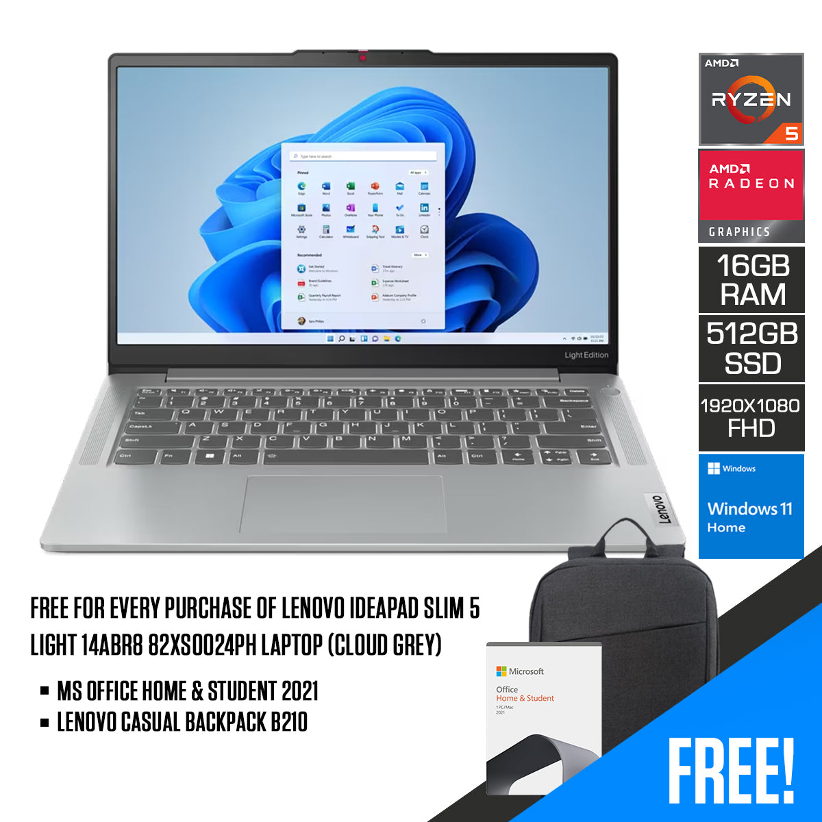 Lenovo Ideapad Slim 5 Light 14ABR8 82XS0024PH Laptop (Cloud Grey) | 14" FHD (1920x1080) | Ryzen 5 7530U | 16GB RAM | 512GB SSD | AMD Radeon Graphics | Windows 11 Home | MS Office Home & Student 2021 | Lenovo Casual Backpack B210