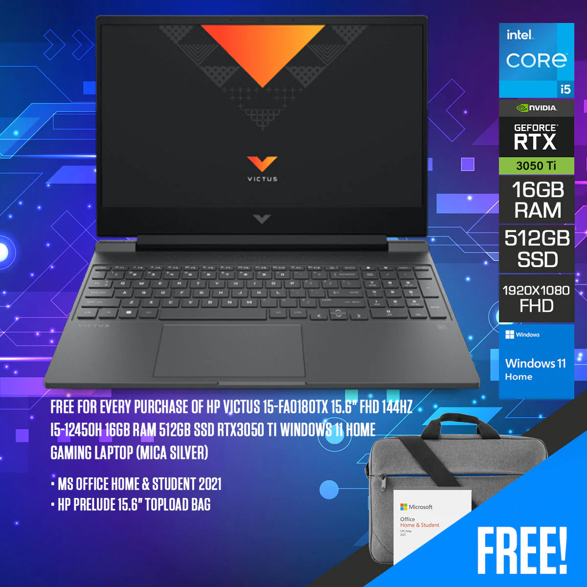 HP Victus 15-FA0180TX Gaming Laptop (Mica Silver) | 15.6" FHD | 144HZ | I5-12450H | 16GB RAM | 512GB SSD | RTX 3050 TI | Windows 11 Home | MS Office Home & Student 2021 | HP Prelude 15.6" Topload Bag