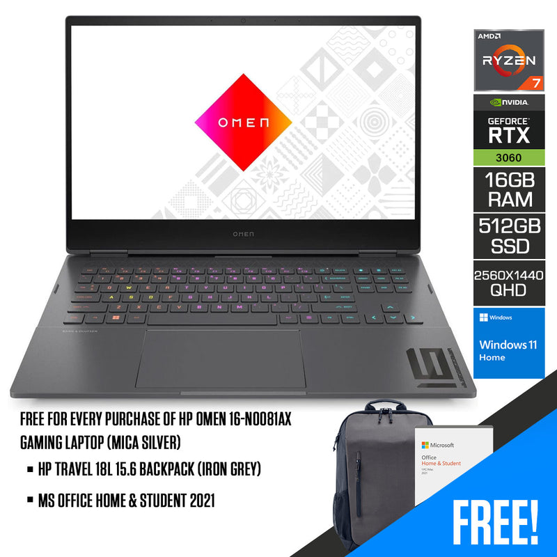 HP Omen 16-N0081AX Gaming Laptop (Mica Silver) | 16.1” QHD IPS (2560 x 1440) | Ryzen™ 7 6800H | 16GB RAM | 512GB SSD | Windows 11 Home | MS Office Home & Student 2021 | HP Travel 18L 15.6 Backpack (Iron Grey) - DataBlitz