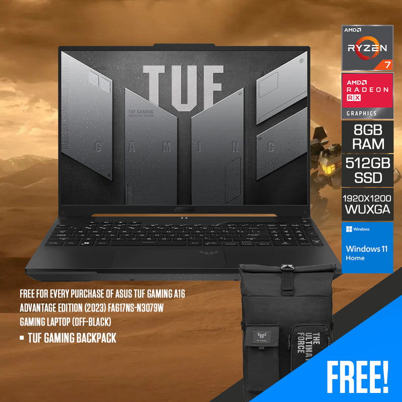 Asus TUF Gaming A16 Advantage Edition (2023) FA617NS-N3079W Gaming Laptop (Off-Black) | 16” WUXGA (1920x1200) 165Hz | Ryzen 7 7735HS | 8GB RAM | 512GB SSD | AMD Radeon RX 7600S | Windows 11 Home | TUF Gaming Backpack