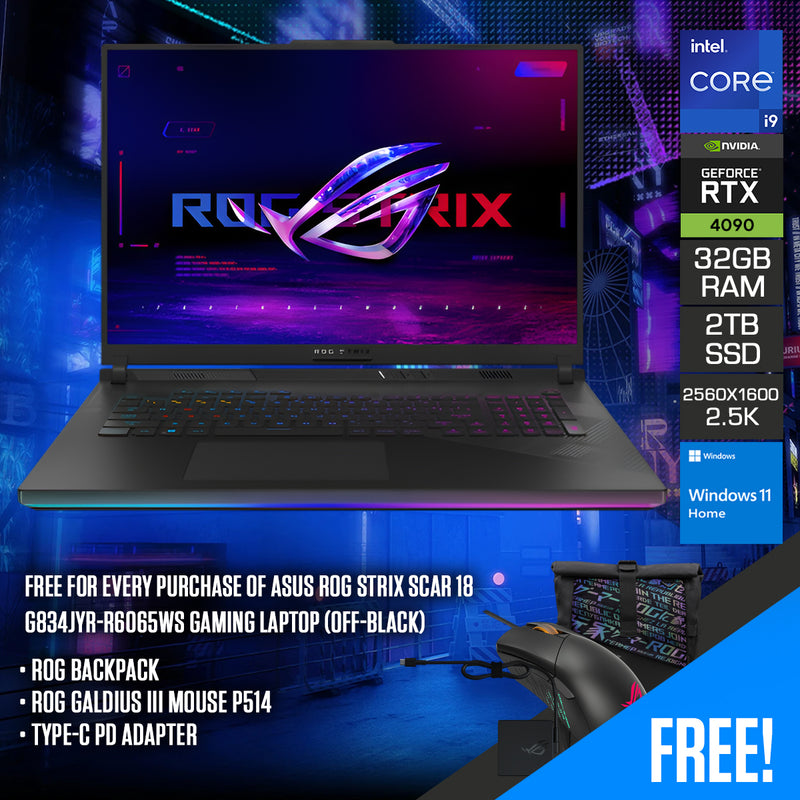 Asus ROG Strix Scar 18 G834JYR-R6065WS 18" 2.5K (2560X1600) WQXGA IPS 240HZ I9-14900HX 16GB X2 RAM 1TB X2 SSD RTX 4090 Windows 11 Home Gaming Laptop (Off-Black) + ROG Backpack + ROG Galdius III Mouse P514 + Type-C PD Adapter