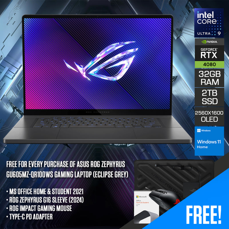 Asus ROG Zephyrus GU605MZ-QR100WS Gaming Laptop (Eclipse Grey) | 16" WQXGA (2560x1600) OLED 240Hz | Ultra 9 185H | 32GB RAM | 2TB SSD | RTX 4080 | Windows 11 Home | MS Office Home & Student 2021 | Asus Bag | ROG Impact Gaming Mouse | Type-C PD Adapter