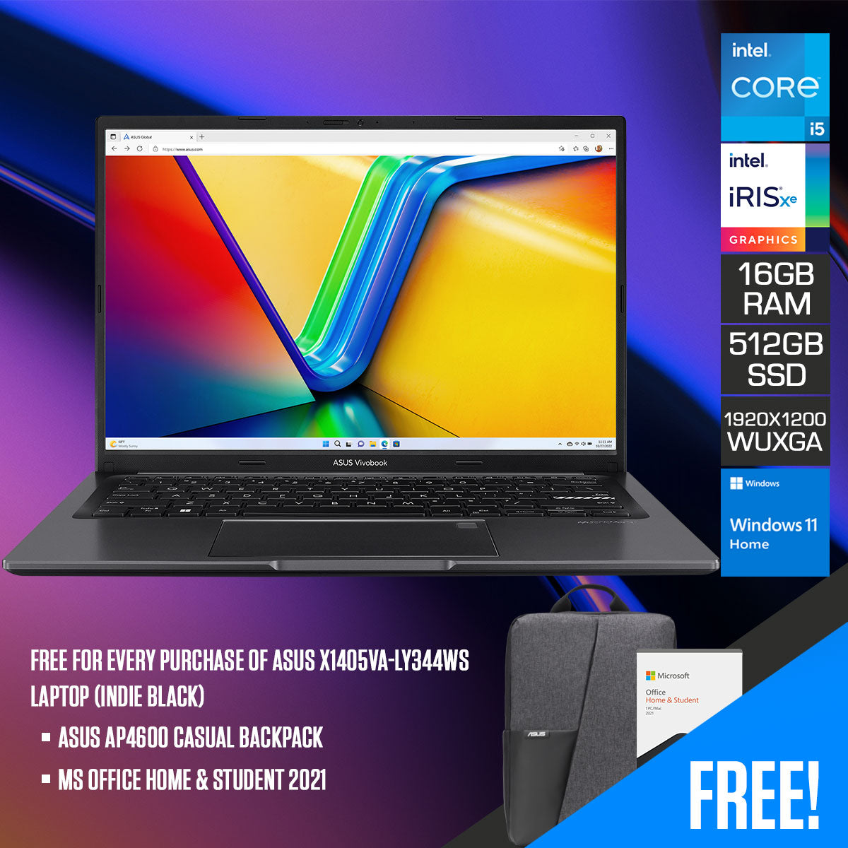 Asus X1405VA-LY344WS Laptop (Indie Black) | 16" WUXGA 16:10 IPS | i5-13500H | 16GB RAM |  512GB SSD | Iris XE | Windows 11 Home | MS Office Home & Student 2021 | AP4600 Backpack