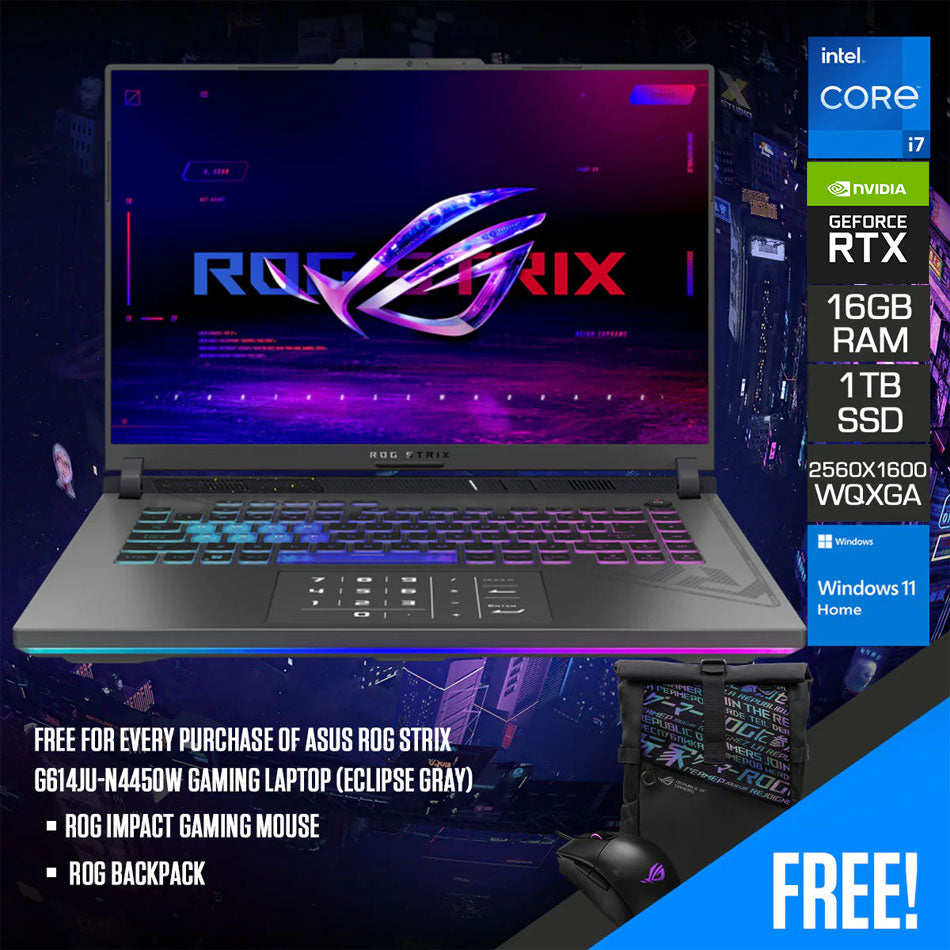 Asus ROG Strix G614JU-N4450W Gaming Laptop (Eclipse Gray) | 16" WQXGA (2560x1600) | i7-13650HX |16GB RAM 1TB SSD | RTX 4050 Windows 11 Home | ROG Backpack | ROG Impact Gaming Mouse